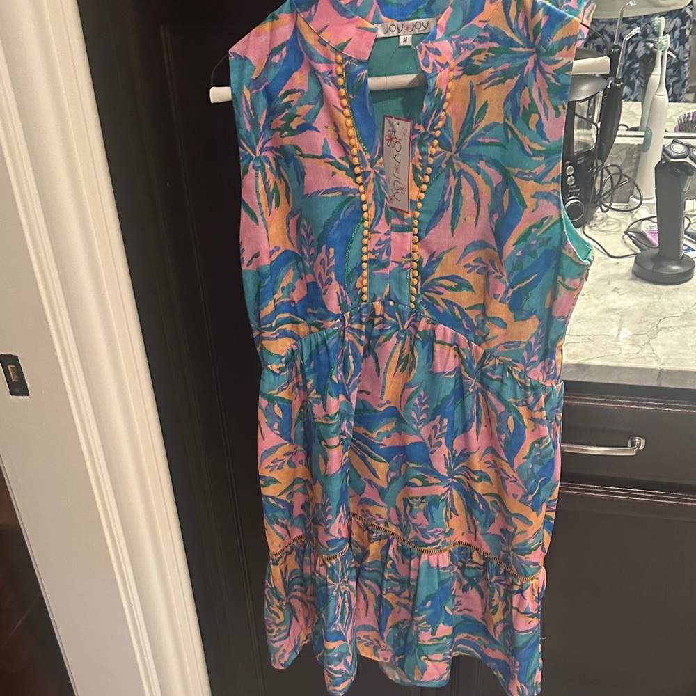 Joy Joy Tropical Print Sleeveless Dress in Pink, Teal & Yellow